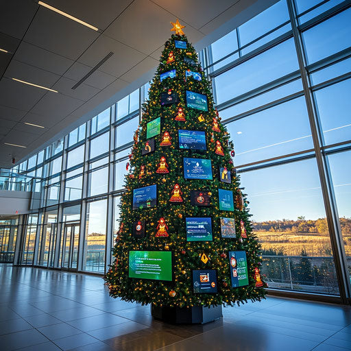 High-tech Christmas tree with digital screens and interactive ornaments in a tech company foyer
