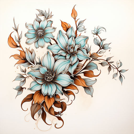 Airbrush flowers drawing, light blue and brown