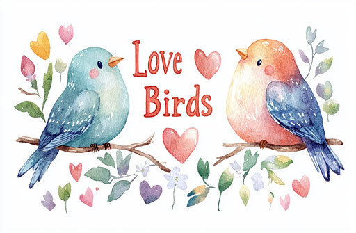 Love birds, heart flowers, smiley face, pastel colors