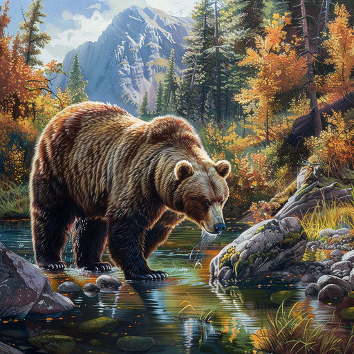 Grizzly bear fishing peacefully in a crystal-clear mountain stream