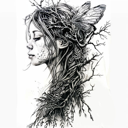 Realistic portrait of a fairy in forest, intricate tattoo design