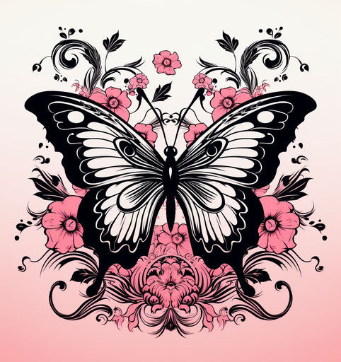 Butterfly tattoo design vector, woodblock printing style, light black and pink