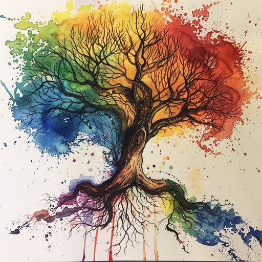 Watercolor and ink tree of life on canvas