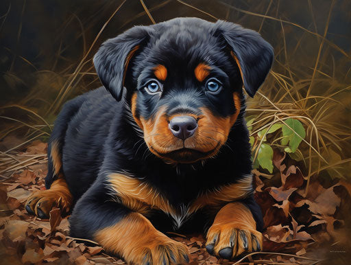 Rottweiler puppy lying in a field