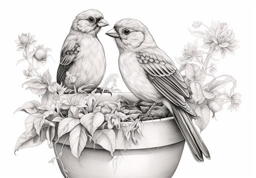Two birds on a flower, black & white drawing, golden style