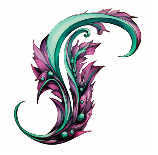 Ethnic tattoo symbol of the letter j, manga style, light magenta and dark green colors