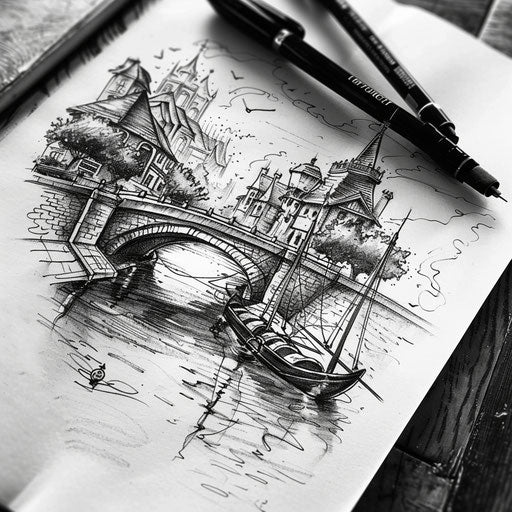 Artistic flat tattoo sketch of a riverside with a bridge and quaint boats