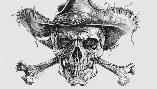 Cowboy skull, crossbones and hat, detailed crosshatching style, violent, uhd image, poetcore, commission for, rounded, captivating 37:21