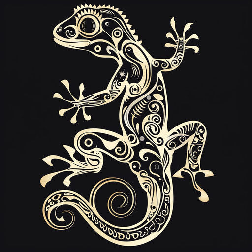 Stylized tattoo sketch of gecko with swirling tribal patterns