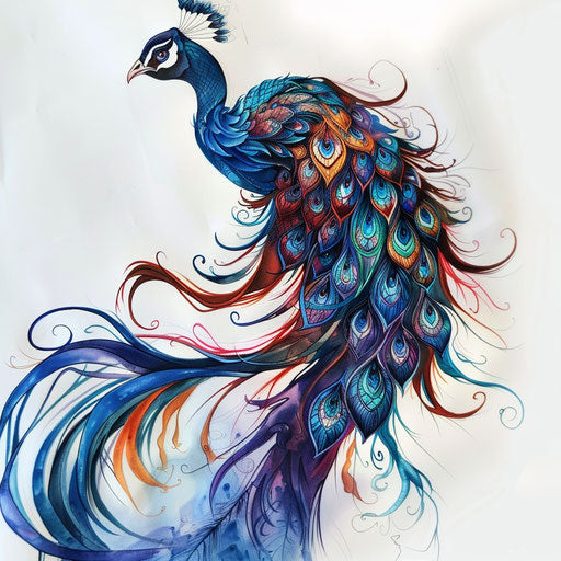Art nouveau tattoo design of a colorful peacock with flowing feathers