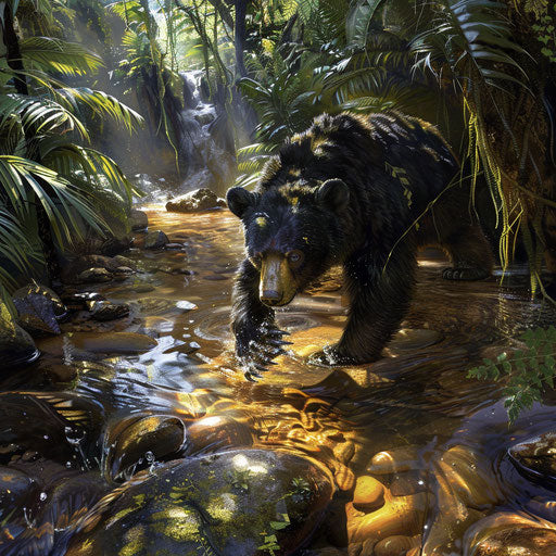 Sun bear frolicking in a stream surrounded by lush ferns