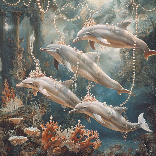 Joyful underwater parade of dolphins adorned with coral and pearls