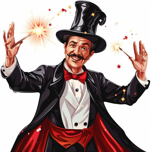Realistic magician clipart on flat white background, bright colors and high detail