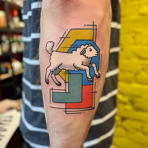 Dynamic illustration of a sheep leaping over an abstract hurdle