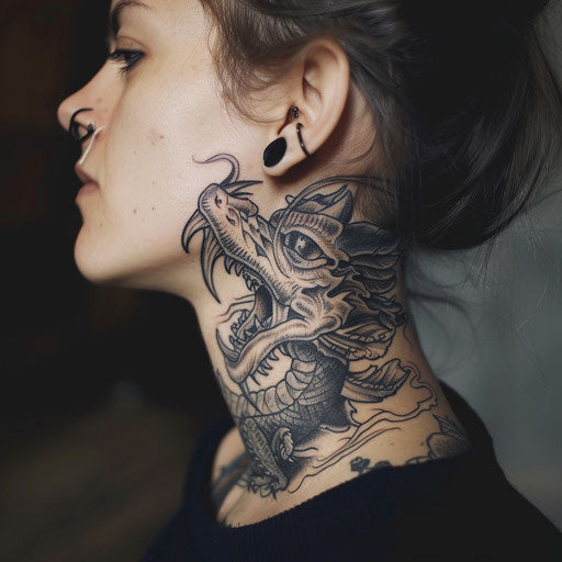Neck tattoos for women in the style of David Palumbo with a mythical creature