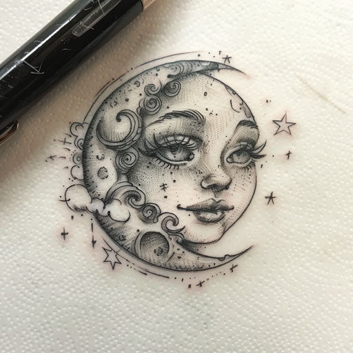 Whimsical sketch of a moon crescent with cute features and soft gray tones