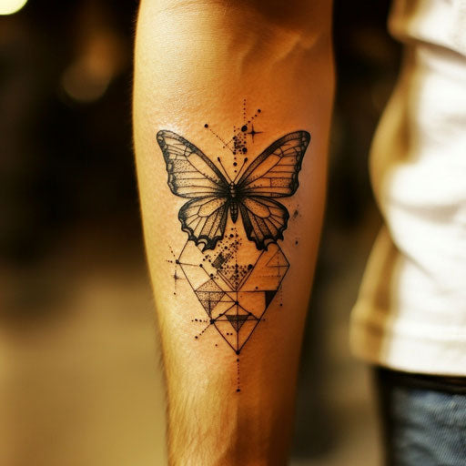 Butterfly tattoo on arm with geometric patterns