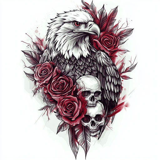 Eagle tattoo surrounded by roses and skulls on white background