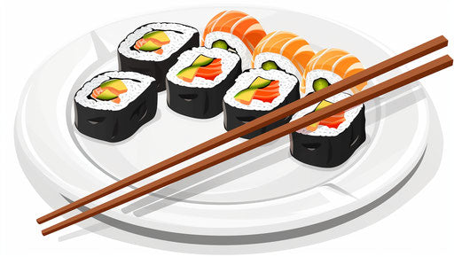 Plate of sushi and rolls with chopsticks