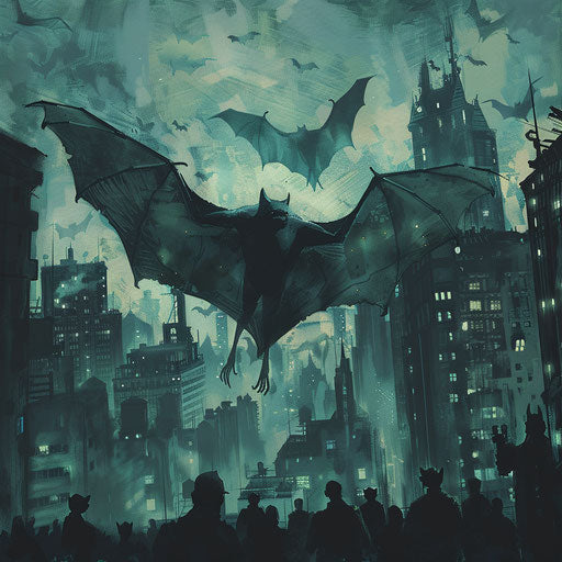 A bat leads a peaceful protest in a city, advocating for the protection of night skies.