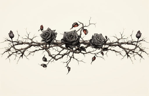 Black roses with thorns in glitchy style, symmetrical design