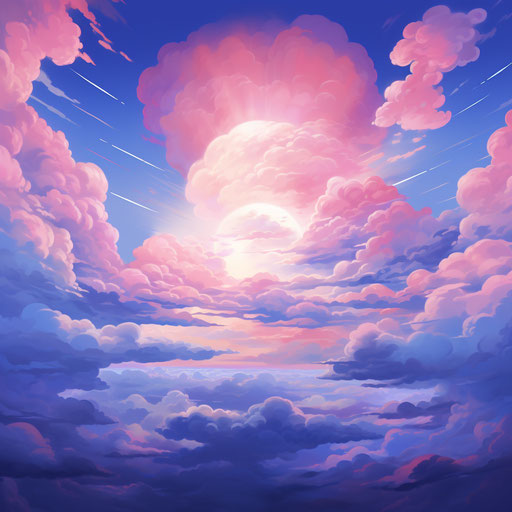 Cartoon painting of pink, blue, and white clouds and sun
