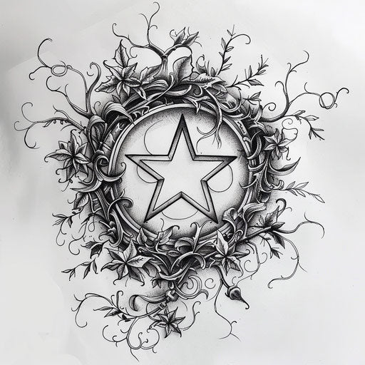 Sketch of a mystical pentagram with vines, detailed and bold