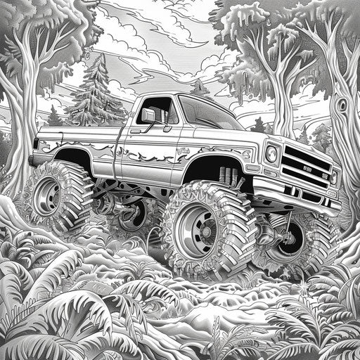 Monster truck in a lush, detailed forest