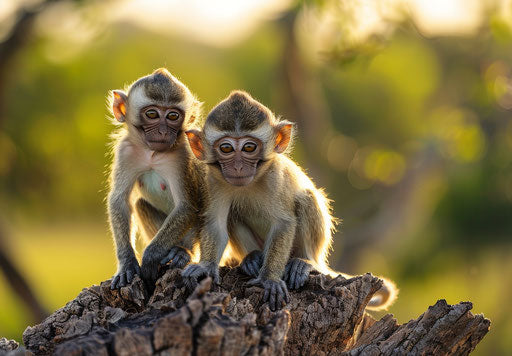 Two young monkeys sitting on a tree trunk