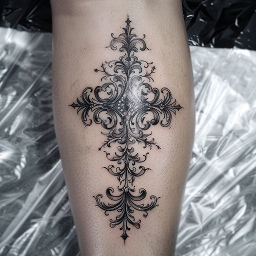 Strength cross tattoo with baroque flourishes
