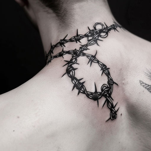 Gothic chain tattoo with barbed wire integration, in stark black ink, on a clean white background