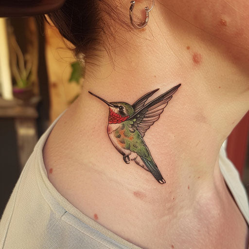 Realism tattoos of a hummingbird in motion on the neck