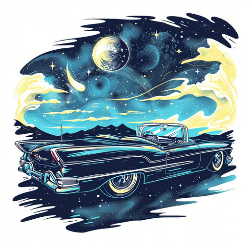 Dreamy clipart style flat tattoo sketch of a convertible under a starry night sky in cool blues