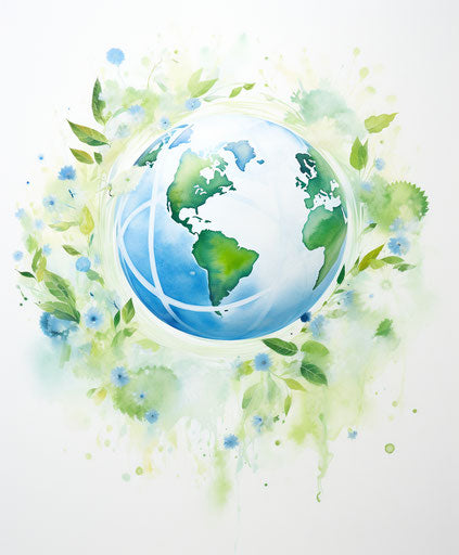 Watercolor planet surrounded by leaves, folk art style