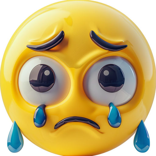 Sad face emoji with tears on white background