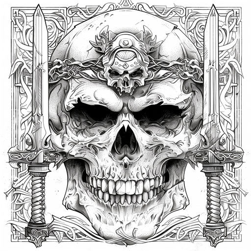 Epic skull with warrior motifs and heroic symbols