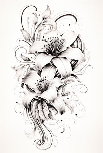 Ornate black and white flower ink drawing, beautiful