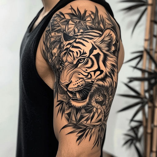 Men's upper arm tattoos with fierce tiger and bamboo