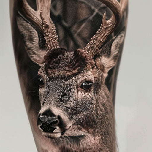 Realistic shaded deer tattoo on white surface