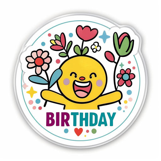 Happy birthday with emoji holding flowers
