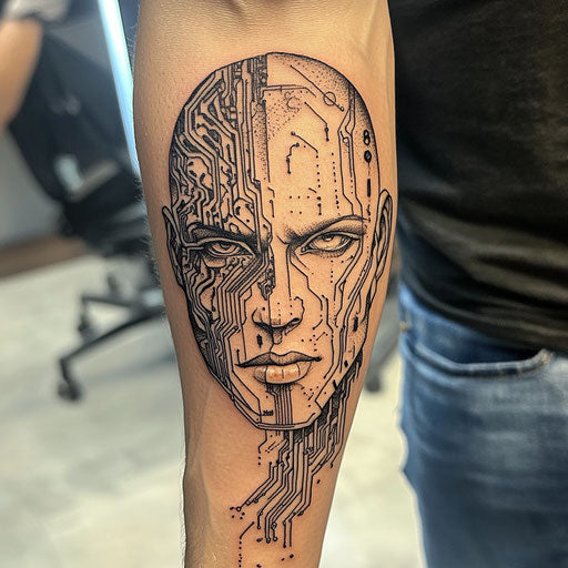 Cyborg forearm tattoo with circuitry patterns