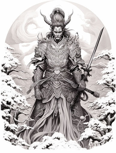 A samurai in a black and white drawing holding a sword