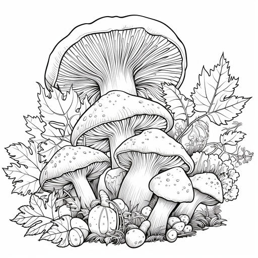 Autumn leaves, pumpkins, and mushrooms coloring sheets