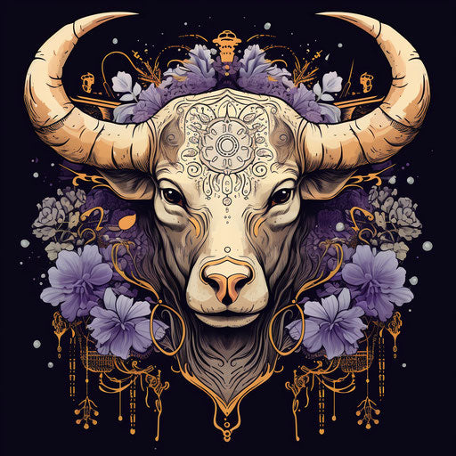 Taurus with head and flowers - light gold and purple