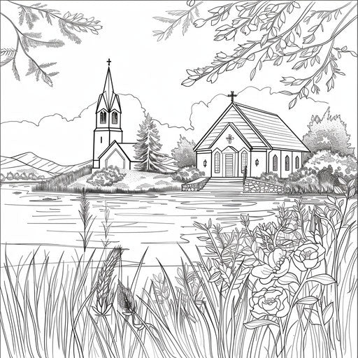 Peaceful church by lake with reflection in water