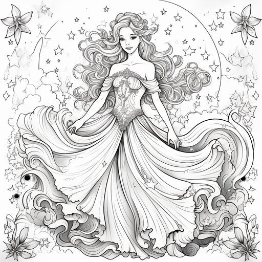 Princess surrounded by stars in a flowing gown, coloring page