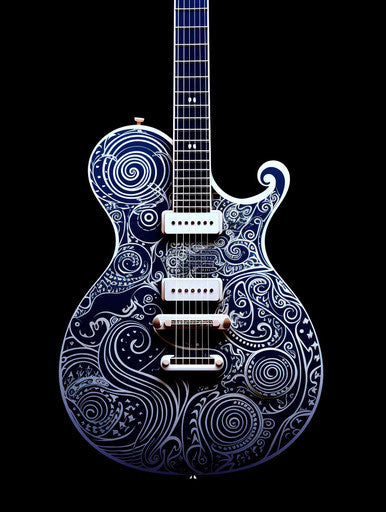 Guitar on black background, intricate dotwork style, light navy and white, cybermysticpunk, systems art, groovy, rounded 3:4