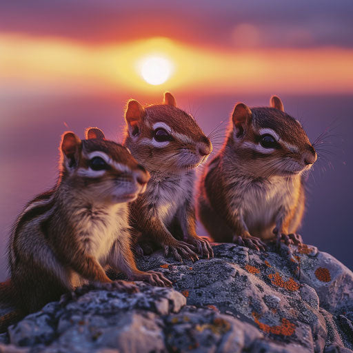 Chipmunks at sunset, vibrant colors and striking contrast, in the style of Tim Flach