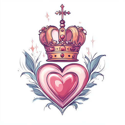 Tattooed queen with crown and heart on white background