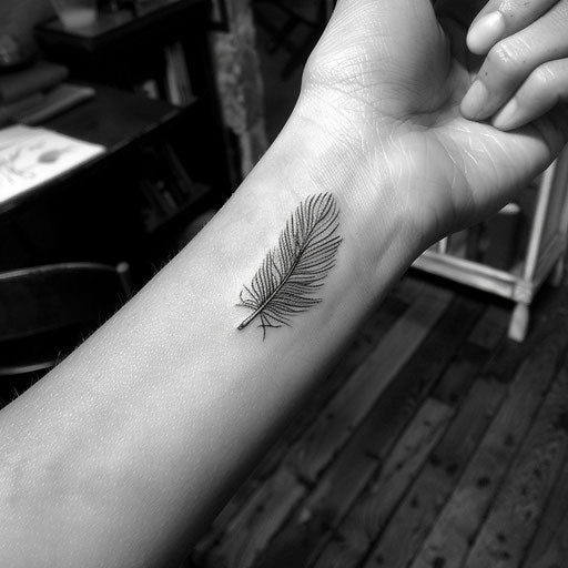 Small wrist tattoos of a feather